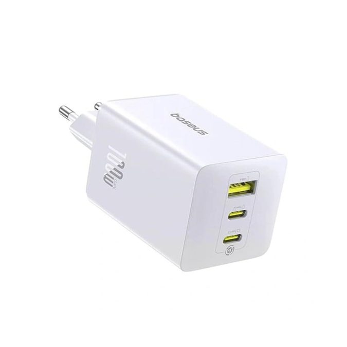 Адаптер питания, Baseus, EnerFill FE11, P10182102213-00, GaN 6, 2C+U, 100 Вт, USB-C1/C2: 5В3А / 9В3А / 12В3А / 15В3А / 20В5А, USB-A: 5В3А / 9В2А / 10В2,25А / 12В1,5А, PD 3.0, PPS, QC 4+, QC 3.0, UFCS, AFC, SCP, FCP, 100–240В~, 50/60Гц, 3А, EU, 434465 мм, 184 г, Без кабеля, Белый