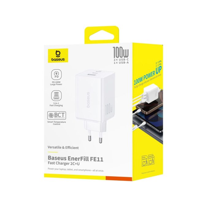 Адаптер питания, Baseus, EnerFill FE11, P10182102213-00, GaN 6, 2C+U, 100 Вт, USB-C1/C2: 5В3А / 9В3А / 12В3А / 15В3А / 20В5А, USB-A: 5В3А / 9В2А / 10В2,25А / 12В1,5А, PD 3.0, PPS, QC 4+, QC 3.0, UFCS, AFC, SCP, FCP, 100–240В~, 50/60Гц, 3А, EU, 434465 мм, 184 г, Без кабеля, Белый