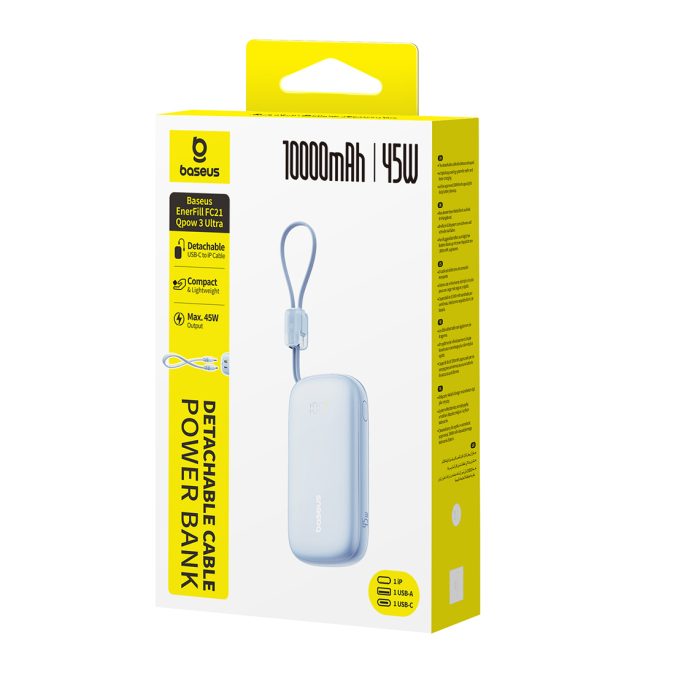 Портативный внешний аккумулятор, Baseus, EnerFill FC21 Qpow 3 Ultra (E0027Q03), 10000 мА·ч, 45 Вт, USB-C, USB-A, Lightning, Встроенный съёмный кабель, PD, QC, SCP, UFCS, Цифровой дисплей, Galaxy Blue, Синий