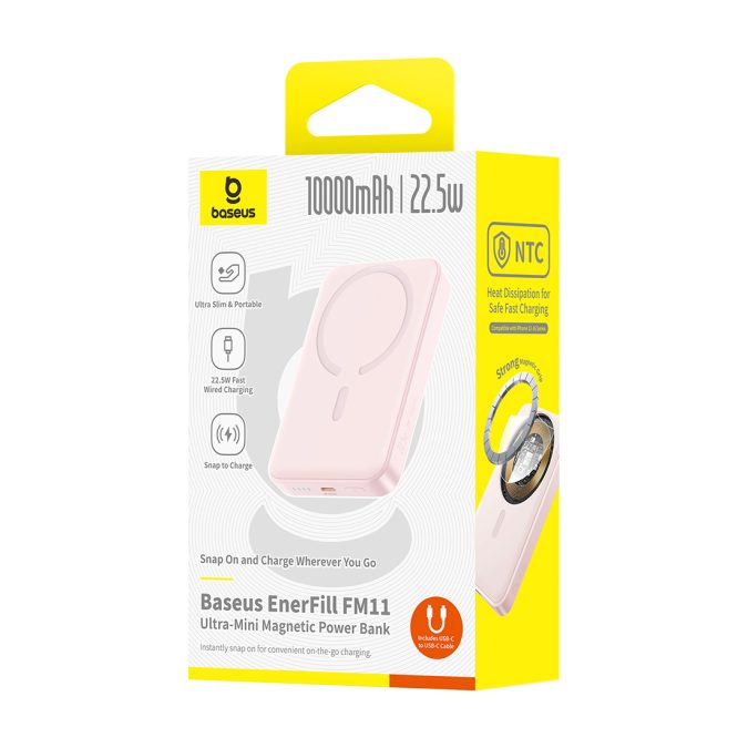 Портативный внешний аккумулятор, Baseus, EnerFill FM11 Ultra-Mini (E0026601), 10000mAh, 22.5W, Розовый