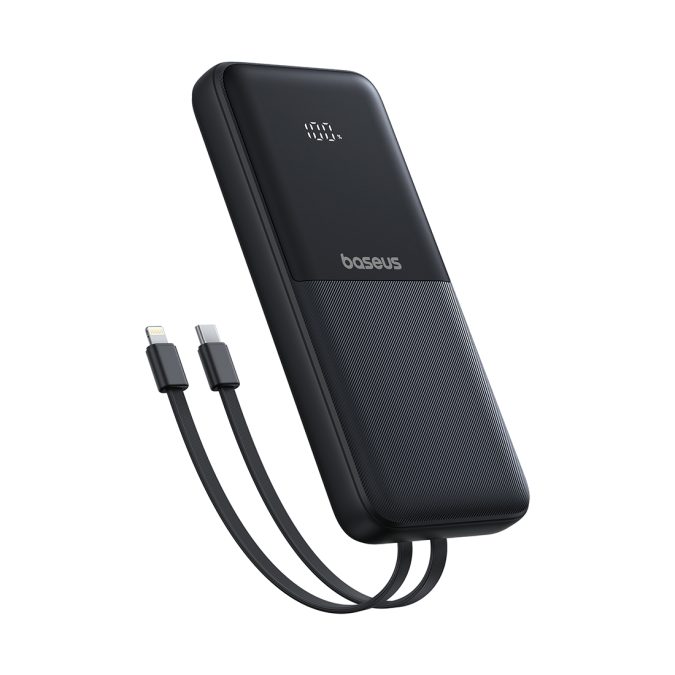 Портативный внешний аккумулятор, Baseus, Lipow Dual-Cable PPJP311, P10079101123-00, 10000 мА·ч, 22,5 Вт, USB-C, USB-A, Micro-USB, 2 Встроенных кабеля: USB-C и Lightning, До 4 устройств, Цифровой дисплей, PD, QC 3.0, SCP, Li-Pol, Черный