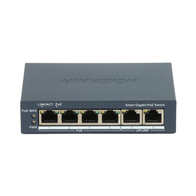 Коммутатор, Hikvision, DS-3E1506P-EI/M-4P1T1F, Управляемый L2, 4 x Gigabit RJ45, РоЕ 802.3af/at 45W, 1 x Gigabit RJ45, 1 x SFP, Настольный, Long Range Ports 1 to 4: up to 300 m.