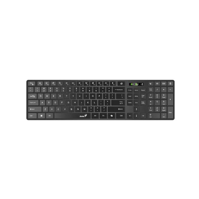 Клавиатура, Genius, Slimstar 7250, Ультратонкая, Беспроводная 2.4ГГц, Кол-во стандартных клавиш 104, Батарейки в комплекте, Размер: 449*161,8*24,9 мм., Анг/Рус, Защита от случайного пролива воды/кофе, Чёрный