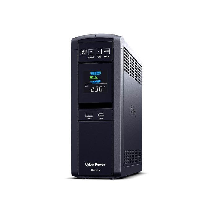 Источник бесперебойного питания, CyberPower, CP1600EPFCLCD, Мощность 1600ВА/1000Вт, CPPFC-серия, Линейно-интерактивный, Напольный, Color LCD/RS-232/USB-A*1/USB-C*1/RJ11/RJ45, AVR: 165-265В, АКБ 12В/8,5Ач*2 шт., Вых: 6xSchuko, Чёрный