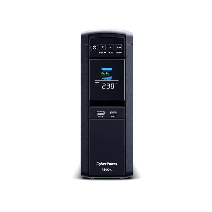 Источник бесперебойного питания, CyberPower, CP1600EPFCLCD, Мощность 1600ВА/1000Вт, CPPFC-серия, Линейно-интерактивный, Напольный, Color LCD/RS-232/USB-A*1/USB-C*1/RJ11/RJ45, AVR: 165-265В, АКБ 12В/8,5Ач*2 шт., Вых: 6xSchuko, Чёрный