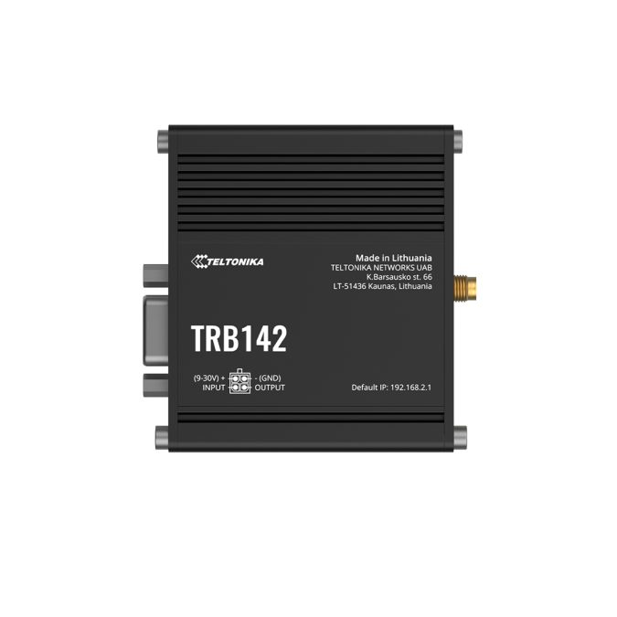 Сетевой шлюз, Teltonika, TRB142, LTE Cat1 (до 10/5 Мбит/с), 1 порт 10/100M RJ-45, интерфейс RS232, слот Micro-SIM, удалённое управление RMS, промышленное исполнение