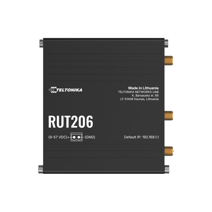 Роутер, Teltonika, RUT206, LTE Cat4 150/50Мбит/с, WiFi 802.11b/g/n, 2 Ethernet 10/100Мбит/с (WAN/LAN), RS232/RS485, dualSIM, microSD, 9–30В DC, промышленное исполнение