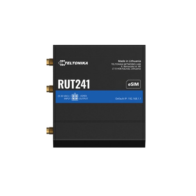 Роутер, Teltonika, RUT241, LTE Cat4 до 150/50Мбит/с, WiFi 802.11b/g/n, 2 Ethernet 10/100Мбит/с, eSIM/MiniSIM, цифровые I/O, 9–30В, промышленное исполнение