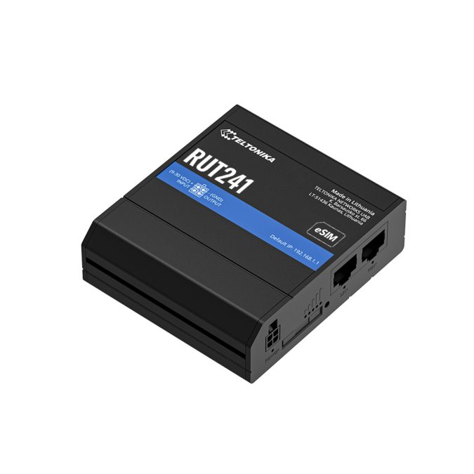 Роутер, Teltonika, RUT241, LTE Cat4 до 150/50Мбит/с, WiFi 802.11b/g/n, 2 Ethernet 10/100Мбит/с, eSIM/MiniSIM, цифровые I/O, 9–30В, промышленное исполнение
