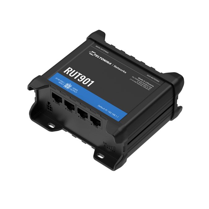 Роутер, Teltonika, RUT901, LTE Cat4 150/50Мбит/с, DualSIM, WiFi 802.11b/g/n, 4 Ethernet 10/100Мбит/с, цифровой I/O, 9–30В DC, промышленное исполнение