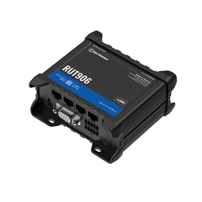 Роутер, Teltonika, RUT906, LTE Cat4 до 150/50Мбит/с, DualSIM, WiFi 802.11b/g/n, 4 Ethernet 10/100Мбит/с, 1 RS232, 1 RS485, 9–30В DC, промышленное исполнение.
