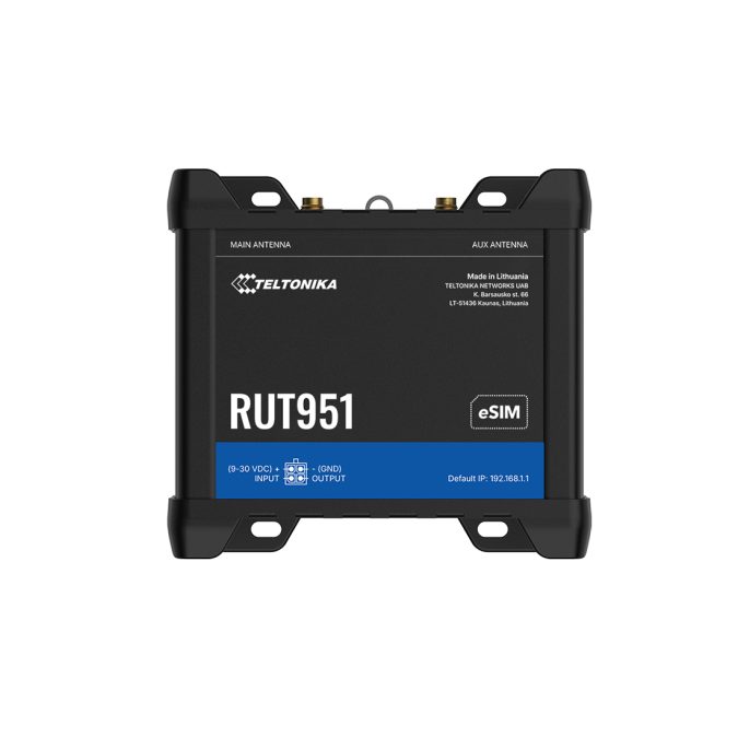 Роутер, Teltonika, RUT951, LTE Cat4 150/50Мбит/с, DualSIM, WiFi 802.11b/g/n, 4 Ethernet 10/100Мбит/с (1WAN + 3LAN), цифровой I/O, 9–30В DC, промышленное исполнение