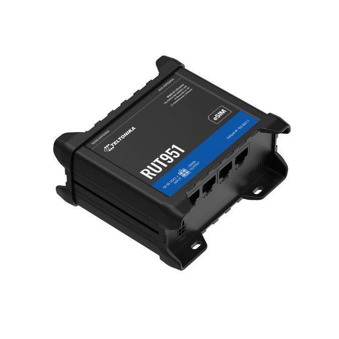 Роутер, Teltonika, RUT951, LTE Cat4 150/50Мбит/с, DualSIM, WiFi 802.11b/g/n, 4 Ethernet 10/100Мбит/с (1WAN + 3LAN), цифровой I/O, 9–30В DC, промышленное исполнение