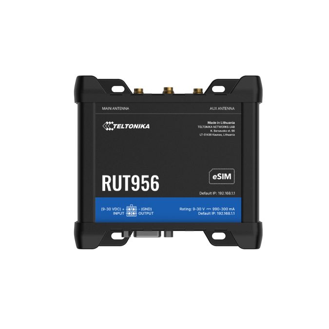 Роутер, Teltonika, RUT956, LTE Cat4 до 150/50Мбит/с, DualSIM/eSIM, WiFi 802.11b/g/n, 4 Ethernet 10/100Мбит/с, RS232/RS485, GNSS, I/O, 9–30В DC, промышленное исполнение