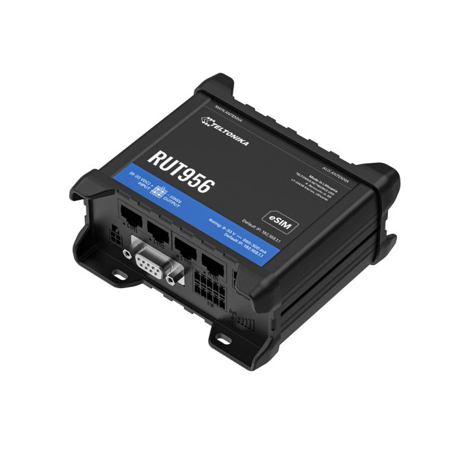 Роутер, Teltonika, RUT956, LTE Cat4 до 150/50Мбит/с, DualSIM/eSIM, WiFi 802.11b/g/n, 4 Ethernet 10/100Мбит/с, RS232/RS485, GNSS, I/O, 9–30В DC, промышленное исполнение