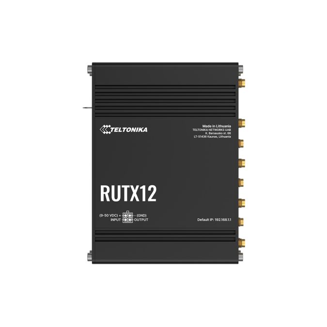 Роутер, Teltonika, RUTX12, Dual LTE Cat6 до 300/50Мбит/с (до 600Мбит/с суммарно), DualSIM, WiFi 802.11b/g/n/ac, BluetoothLE, 5 Gigabit Ethernet, GNSS, USB, 9–50В DC, промышленное исполнение