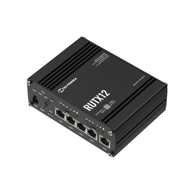 Роутер, Teltonika, RUTX12, Dual LTE Cat6 до 300/50Мбит/с (до 600Мбит/с суммарно), DualSIM, WiFi 802.11b/g/n/ac, BluetoothLE, 5 Gigabit Ethernet, GNSS, USB, 9–50В DC, промышленное исполнение