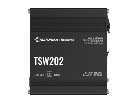 Коммутатор, Teltonika, TSW202, управляемый L2+/L3, 8 Gigabit RJ-45 с PoE+ (802.3af/at, до 30 Вт/порт), 2 SFP, PoE-бюджет 240 Вт, пропускная способность 20 Гбит/с, VLAN, SNMP, статическая маршрутизация, питание 7–57 В DC, DIN-рейка, 40…+75 °C, промышленное исполнение