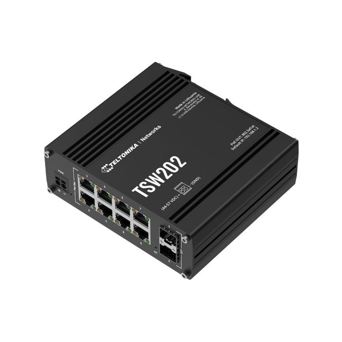 Коммутатор, Teltonika, TSW202, управляемый L2+/L3, 8 Gigabit RJ-45 с PoE+ (802.3af/at, до 30 Вт/порт), 2 SFP, PoE-бюджет 240 Вт, пропускная способность 20 Гбит/с, VLAN, SNMP, статическая маршрутизация, питание 7–57 В DC, DIN-рейка, 40…+75 °C, промышленное исполнение