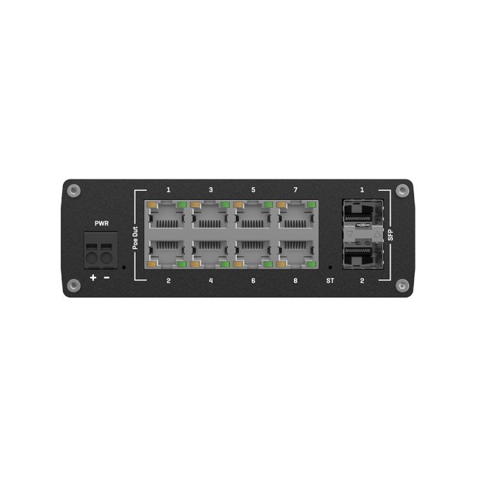 Коммутатор, Teltonika, TSW202, управляемый L2+/L3, 8 Gigabit RJ-45 с PoE+ (802.3af/at, до 30 Вт/порт), 2 SFP, PoE-бюджет 240 Вт, пропускная способность 20 Гбит/с, VLAN, SNMP, статическая маршрутизация, питание 7–57 В DC, DIN-рейка, 40…+75 °C, промышленное исполнение