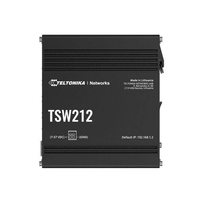 Коммутатор, Teltonika, TSW212, управляемый L2+ с функциями L3, 8 Gigabit RJ-45, 2 SFP, пропускная способность 20 Гбит/с, VLAN, SNMP, STP/RSTP, статическая маршрутизация IPv4/IPv6, поддержка PROFINET/EtherNet-IP/MRP, питание 7–57 В DC, DIN-рейка, 40…+75 °C, промышленное исполнение