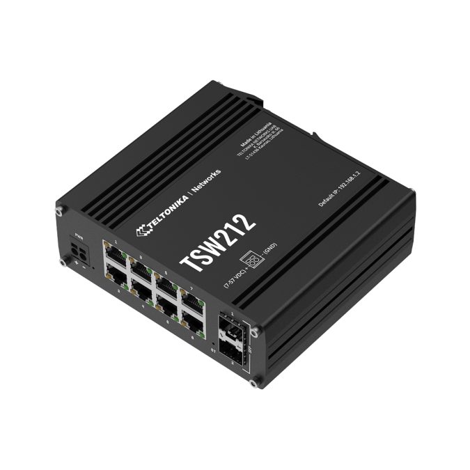 Коммутатор, Teltonika, TSW212, управляемый L2+ с функциями L3, 8 Gigabit RJ-45, 2 SFP, пропускная способность 20 Гбит/с, VLAN, SNMP, STP/RSTP, статическая маршрутизация IPv4/IPv6, поддержка PROFINET/EtherNet-IP/MRP, питание 7–57 В DC, DIN-рейка, 40…+75 °C, промышленное исполнение
