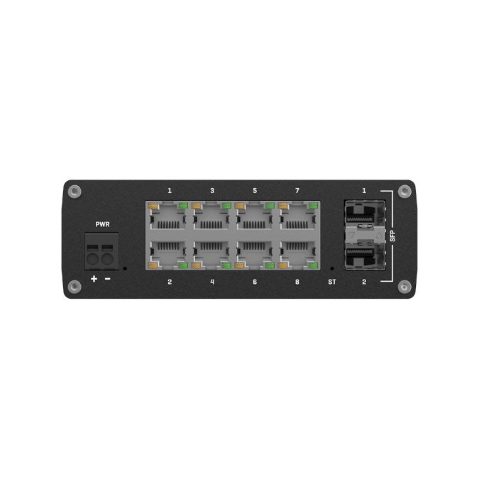 Коммутатор, Teltonika, TSW212, управляемый L2+ с функциями L3, 8 Gigabit RJ-45, 2 SFP, пропускная способность 20 Гбит/с, VLAN, SNMP, STP/RSTP, статическая маршрутизация IPv4/IPv6, поддержка PROFINET/EtherNet-IP/MRP, питание 7–57 В DC, DIN-рейка, 40…+75 °C, промышленное исполнение