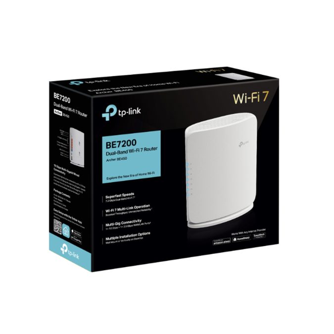 Маршрутизатор, Tp-Link, Archer BE450, 802.11a/b/g/n/ac/ax/be, BE7200, 2,4 ГГц/5 ГГц, 1  порт WAN/LAN 10 Гбит/с, 1  порт WAN/LAN 2,5 Гбит/с, 3  порта LAN 1 Гбит/с, 1  порт USB 3.0.
