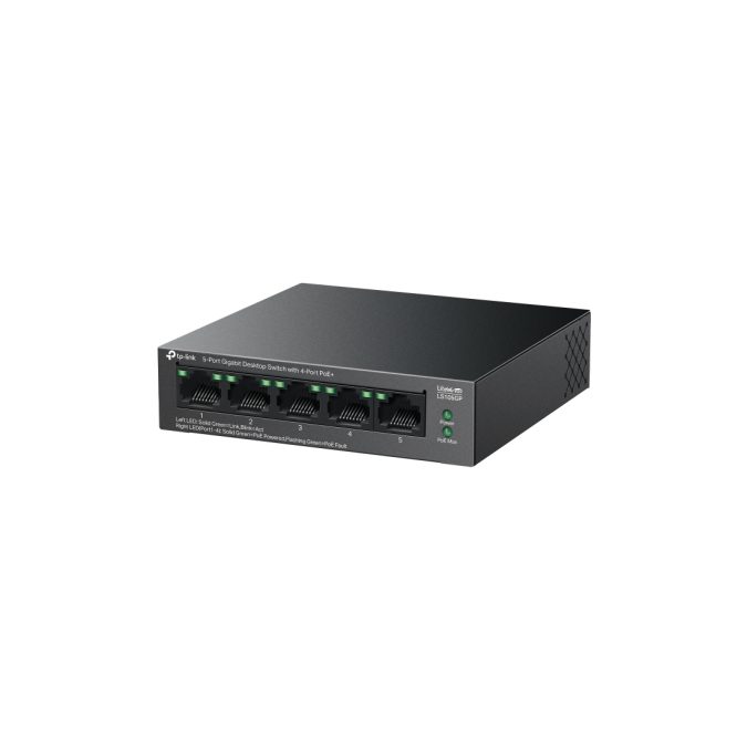 коммутатор, Tp-Link, LS105GP, Неуправляемый, 5 портов RJ45 10/100/1000 Мбит/с (порты 1–4 поддерживают PoE+ 802.3af/at), Бюджет PoE 65 Вт, Настольный,Настенный.