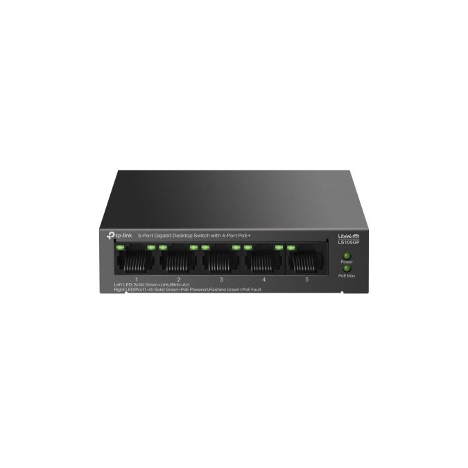 коммутатор, Tp-Link, LS105GP, Неуправляемый, 5 портов RJ45 10/100/1000 Мбит/с (порты 1–4 поддерживают PoE+ 802.3af/at), Бюджет PoE 65 Вт, Настольный,Настенный.