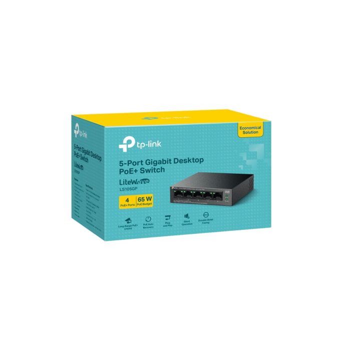 коммутатор, Tp-Link, LS105GP, Неуправляемый, 5 портов RJ45 10/100/1000 Мбит/с (порты 1–4 поддерживают PoE+ 802.3af/at), Бюджет PoE 65 Вт, Настольный,Настенный.