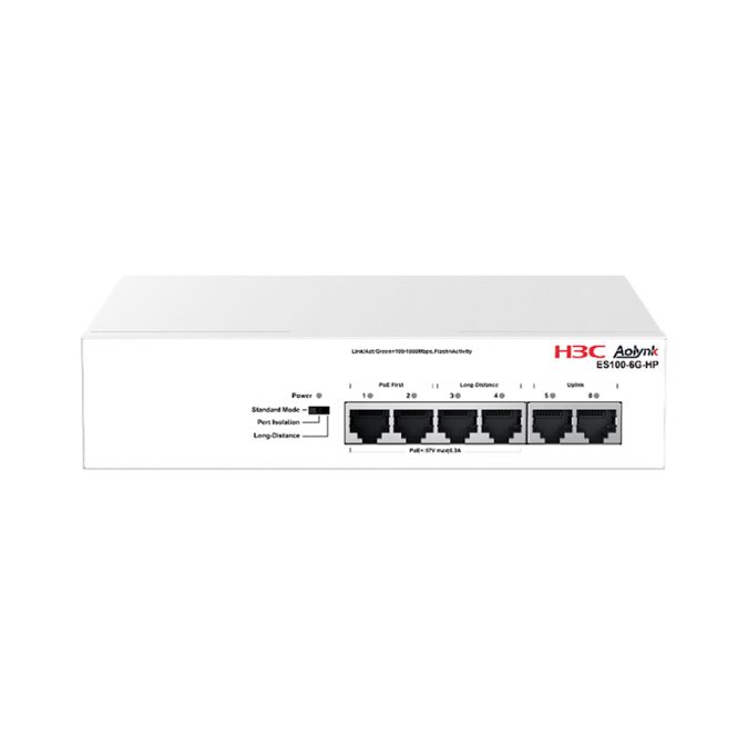 Коммутатор, H3C, Aolynk ES100-6G-HP, Неуправляемый, 2 uplink порта, 4 порта 10/100/1000Base RJ45 4 PoE+, DIP переключатель режимов, Настольный, 802.3af/at, бюджет 65W
