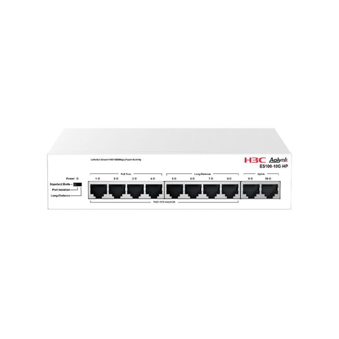 Коммутатор, H3C, Aolynk ES100-10G-HP, Неуправляемый, 2 uplink порта, 8 порта 10/100/1000Base RJ45 4 PoE+, DIP переключатель режимов, Настольный, 802.3af/at, бюджет 120W