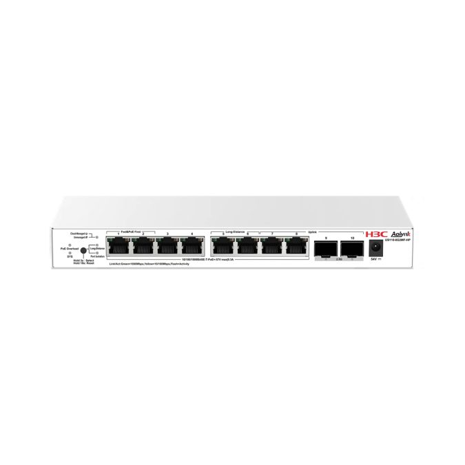 Коммутатор, H3C, Aolynk US110-8G2MF-HP, Управляемый L2, 8 портов Ethernet 10/100/1000 Base-T PoE+, 2 порта SFP 2,5G/1G, Кнопочный переключатель - переключатель режимов, 	 Настольный, настенный, 802.3af/at, бюджет 130W