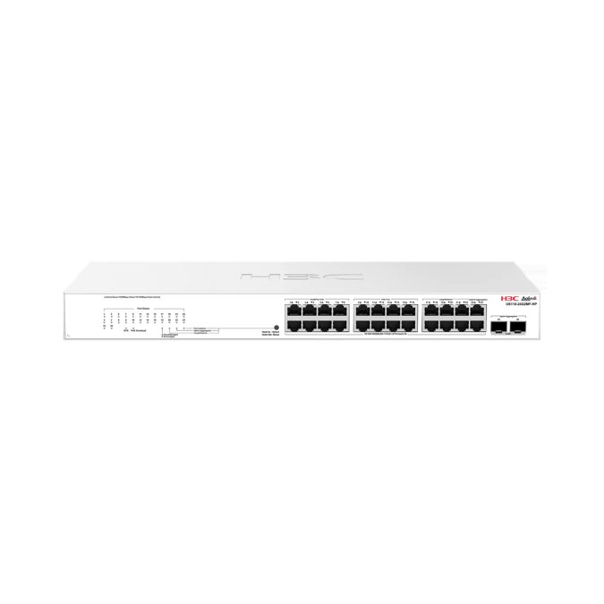 Коммутатор, H3C, Aolynk US110-24G2MF-HP, Управляемый L2, 24 порта Ethernet 10/100/1000 Base-T PoE+, 2 порта SFP 2,5G/1G, Кнопочный переключатель - переключатель режимов, Стоечный, 802.3af/at, бюджет 370W