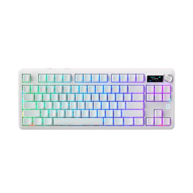 Клавиатура, Ajazz, MK87Pro/Peach/White, MK87 Pro, Игровая, Механическая, TKL, Peach Switches, Бесроводная, USB, 2,4 ГГц, Bluetooth, Подсветка RGB, Анг/Рус, Белый