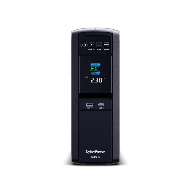 Источник бесперебойного питания, CyberPower, CP1350EPFCLCD, Мощность 1350ВА/810Вт, CPPFC-серия, Линейно-интерактивный, Напольный, LCD/USB-A*1/USB-C*1/RS-232/RJ11/RJ45/SNMPslot, AVR: 165-265В, АКБ 12В/7Ач*2 шт., Вых: 6xSchuko, Чёрный