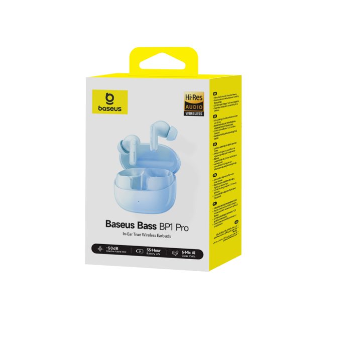 Наушники, Baseus, (A0010506), Bass BP1 Pro, In-Ear True Earbuds, Bluetooth, Адаптивное активное шумоподавление ANC, 6 микрофонов AI ENC для звонков, Сенсорное управление, Игровой режим низкой задержки, Быстрая зарядка, До 55 часов работы с кейсом, USB-C, Синий