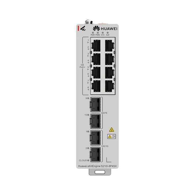 Коммутатор, Huawei eKitEngine S210I-8P4SX, промышленный, управляемый L2+, 8xGE RJ45 PoE+, 2xGE SFP, 2x10GE SFP+, PoE до 210 Вт, IP40, от 40 до +75 °C, безвентиляторный, DIN-рейка, резервное питание 1+1
