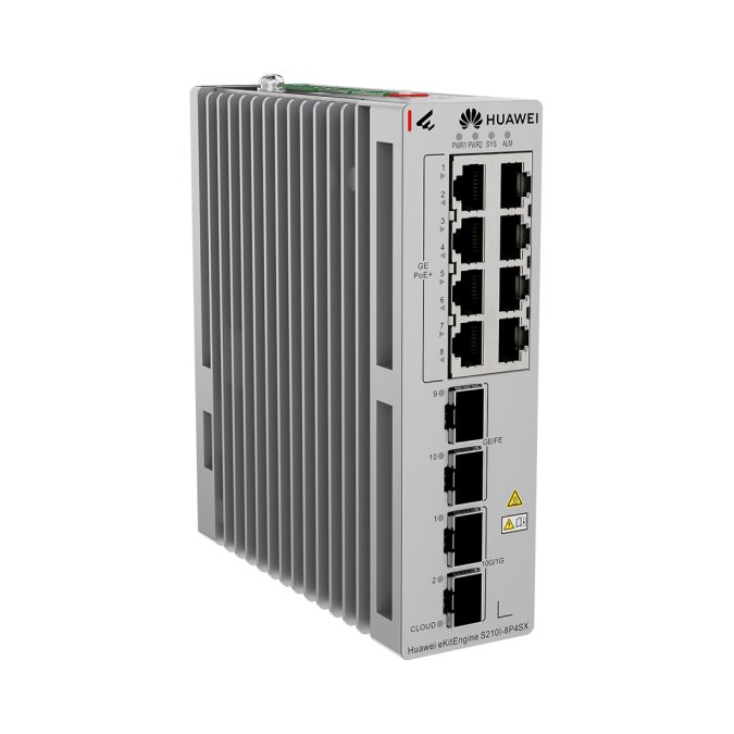 Коммутатор, Huawei eKitEngine S210I-8P4SX, промышленный, управляемый L2+, 8xGE RJ45 PoE+, 2xGE SFP, 2x10GE SFP+, PoE до 210 Вт, IP40, от 40 до +75 °C, безвентиляторный, DIN-рейка, резервное питание 1+1