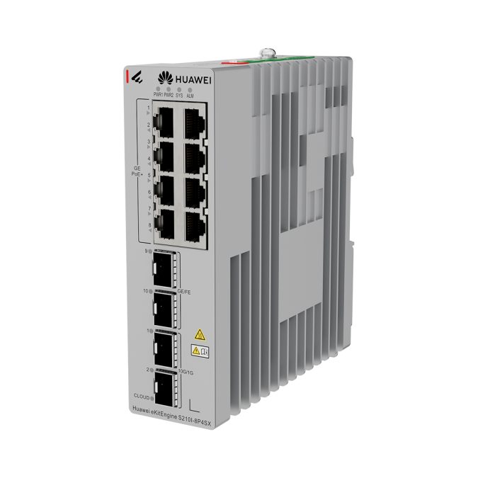 Коммутатор, Huawei eKitEngine S210I-8P4SX, промышленный, управляемый L2+, 8xGE RJ45 PoE+, 2xGE SFP, 2x10GE SFP+, PoE до 210 Вт, IP40, от 40 до +75 °C, безвентиляторный, DIN-рейка, резервное питание 1+1