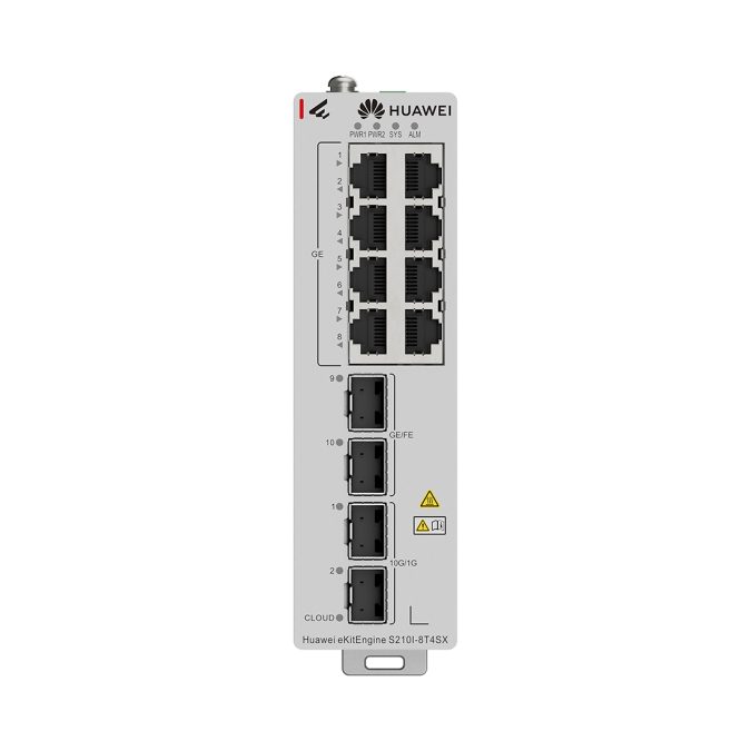 Коммутатор, Huawei eKitEngine S210I-8T4SX, промышленный, управляемый L2+, 8xGE RJ45, 2xGE SFP, 2x10GE SFP+, 60 Гбит/с, 44,6 Mpps, IP40, от 40 до +75 °C, безвентиляторный, DIN-рейка, резервное питание 1+1