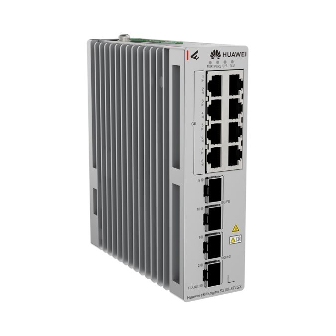 Коммутатор, Huawei eKitEngine S210I-8T4SX, промышленный, управляемый L2+, 8xGE RJ45, 2xGE SFP, 2x10GE SFP+, 60 Гбит/с, 44,6 Mpps, IP40, от 40 до +75 °C, безвентиляторный, DIN-рейка, резервное питание 1+1