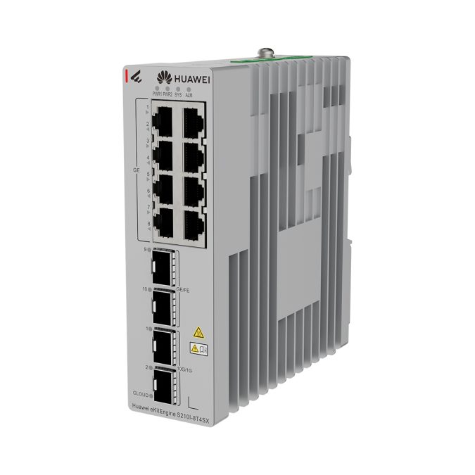 Коммутатор, Huawei eKitEngine S210I-8T4SX, промышленный, управляемый L2+, 8xGE RJ45, 2xGE SFP, 2x10GE SFP+, 60 Гбит/с, 44,6 Mpps, IP40, от 40 до +75 °C, безвентиляторный, DIN-рейка, резервное питание 1+1