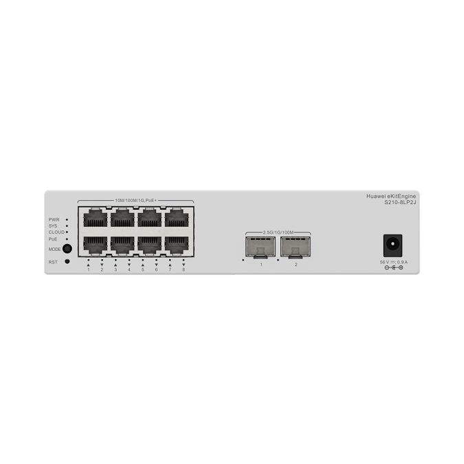 Коммутатор, Huawei, S210-8LP2J, Управляемый L2, 8GE RJ45 (PoE+), 22.5GE SFP uplink, PoE бюджет до 32 Вт, пропускная способность 26 Гбит/с, 19.5 Mpps, питание AC 90–264 В, fanless, настольный/настенный