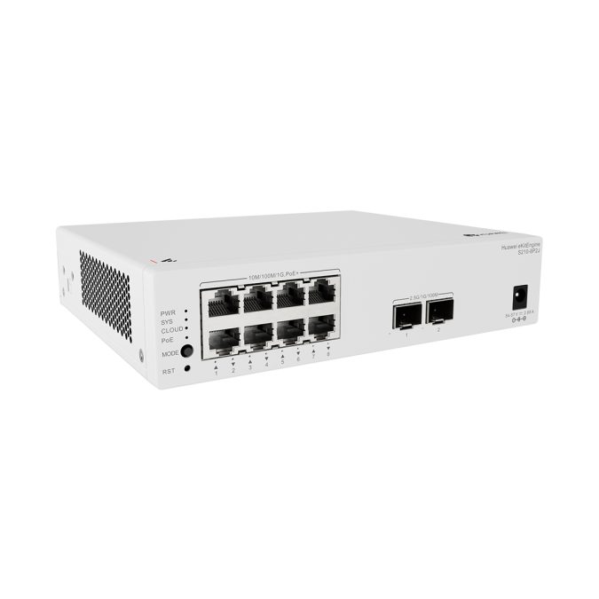 Коммутатор, Huawei, S210-8P2J, Управляемый L2, 8GE RJ45 (PoE+), 22.5GE SFP uplink, PoE бюджет до 128 Вт, пропускная способность 26 Гбит/с, 19.5 Mpps, питание AC 90–264 В, fanless, настольный/настенный