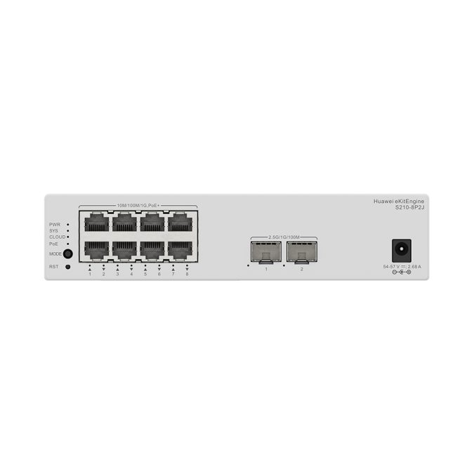 Коммутатор, Huawei, S210-8P2J, Управляемый L2, 8GE RJ45 (PoE+), 22.5GE SFP uplink, PoE бюджет до 128 Вт, пропускная способность 26 Гбит/с, 19.5 Mpps, питание AC 90–264 В, fanless, настольный/настенный