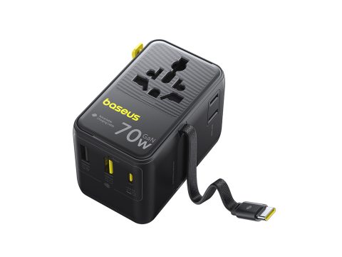 Адаптер питания, Baseus, E0307E00, EnerCore CG11, Universal Travel Adapter, 70W, 6 активных портов, 2AC+2U+1C+USB-C кабель, PD Fast Charge, Выдвижной USB-C кабель, Международные вилки, 100-240V, Защита от перегрева, Черный