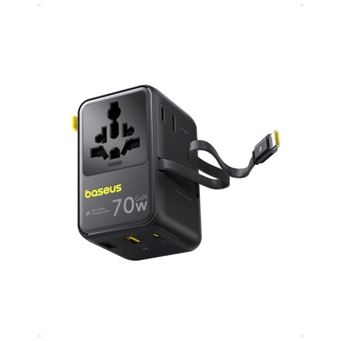 Адаптер питания, Baseus, E0307E00, EnerCore CG11, Universal Travel Adapter, 70W, 6 активных портов, 2AC+2U+1C+USB-C кабель, PD Fast Charge, Выдвижной USB-C кабель, Международные вилки, 100-240V, Защита от перегрева, Черный