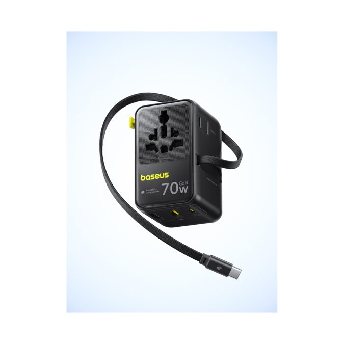 Адаптер питания, Baseus, E0307E00, EnerCore CG11, Universal Travel Adapter, 70W, 6 активных портов, 2AC+2U+1C+USB-C кабель, PD Fast Charge, Выдвижной USB-C кабель, Международные вилки, 100-240V, Защита от перегрева, Черный